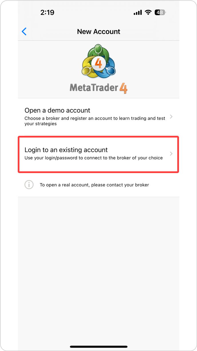 MT4 iOS - 새 계좌 로그인 종류 선택