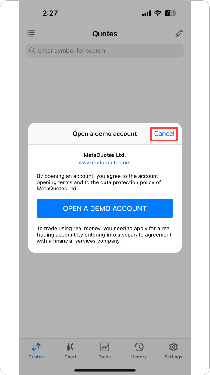 MT5 iOS - 데모 계좌 개설 안내